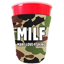 Load image into Gallery viewer, camo party cup koozie with milf man i love fishing design