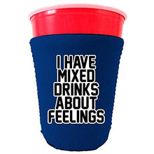 Load image into Gallery viewer, royal blue party cup koozie with i have mixed drinks about feelings design