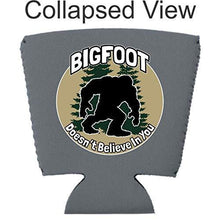Load image into Gallery viewer, gray party cup koozie with bigfoot doesn&#39;t believe in you design 
