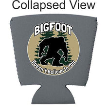 Load image into Gallery viewer, gray party cup koozie with bigfoot doesn't believe in you design