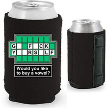 Load image into Gallery viewer, black magnetic can koozie with funny wheel of fortune board go fuck yourself buy a vowel design