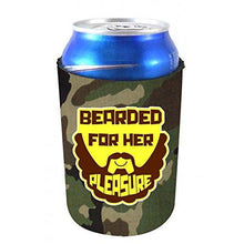 Load image into Gallery viewer, camo can koozie with bearded for her pleasure funny design
