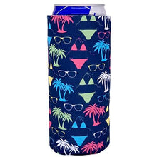 Load image into Gallery viewer, slim can koozie with bikini and sunglasses pattern on navy blue design