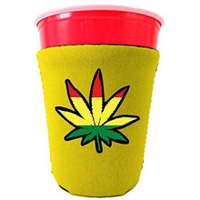 Load image into Gallery viewer, yellow party cup koozie with rasta leaf design 
