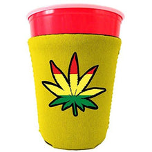 Load image into Gallery viewer, yellow party cup koozie with rasta leaf design