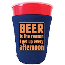 Load image into Gallery viewer, royal blue party cup koozie with beer is the reason i get up every afternoon design