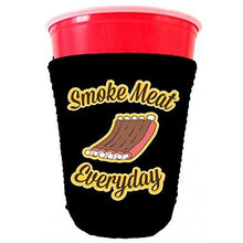 Load image into Gallery viewer, black party cup koozie with smoke meat everyday design