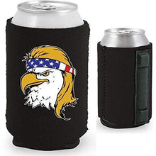 Load image into Gallery viewer, black magnetic can koozie with bald eagle with mullet hair funny design