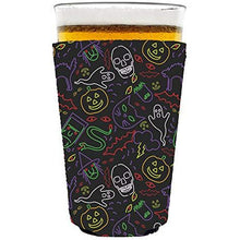 Load image into Gallery viewer, pint glass koozie with halloween characters in neon colors design