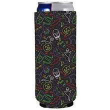 Load image into Gallery viewer, slim can koozie with halloween characters pattern in neon colors and black background
