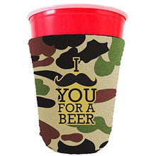 Load image into Gallery viewer, camo party cup koozie with i mustache you for a beer design