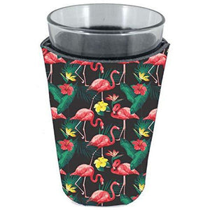 pint glass koozie with pink flamingo pattern design