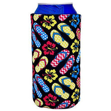 Load image into Gallery viewer, 16 oz can koozie with flip flop sandals and hibiscus flowers design
