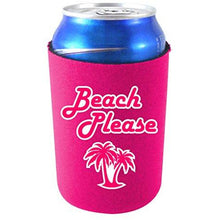 Load image into Gallery viewer, magenta can koozie with beach please text and palm tree design

