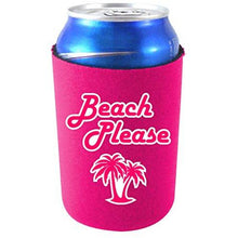 Load image into Gallery viewer, magenta can koozie with beach please text and palm tree design