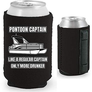 black magnetic can koozie with "pontoon captain, like a regular captain only more drunker" funny text design