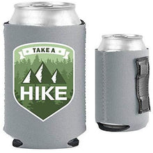 Load image into Gallery viewer, Gray magnetic can koozie with take a hike text and mountain and tree graphic design