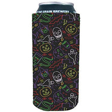 Load image into Gallery viewer, 16 oz can koozie with Halloween pattern including ghosts, skulls, pumpkins in neon colors and black background