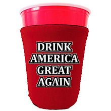 Load image into Gallery viewer, red party cup koozie with drink america great again design 
