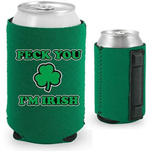 Load image into Gallery viewer, green magnetic can koozie with funny feck you i'm irish design