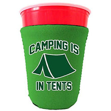 Load image into Gallery viewer, kelly green party cup koozie with camping in tents design