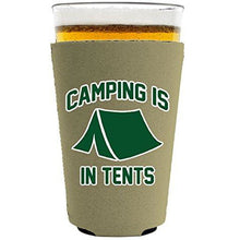 Load image into Gallery viewer, pint glass koozie with camping is in tents design