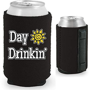 black magnetic can koozie with "day drinkin" funny text design