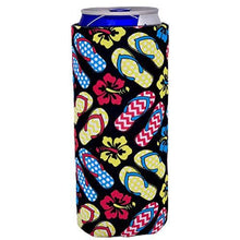Load image into Gallery viewer, slim can koozie with flip flop sandals and flowers design