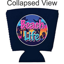 Load image into Gallery viewer, navy party cup koozie with beach life design