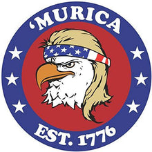 Load image into Gallery viewer, vinyl sticker with bald eagle mullet design and "murica est 1776" text