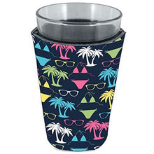 Load image into Gallery viewer, pint glass koozie with bikini and sunglasses pattern on navy background

