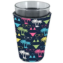 Load image into Gallery viewer, pint glass koozie with bikini and sunglasses pattern on navy background