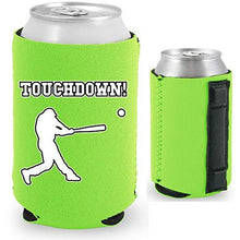 Load image into Gallery viewer, neon green magnetic can koozie with touchdown! (baseball player hitting) funny design