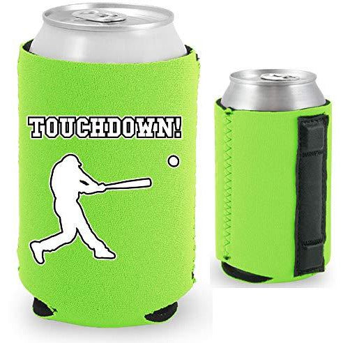 neon green magnetic can koozie with touchdown! (baseball player hitting) funny design