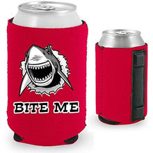 Load image into Gallery viewer, red magnetic can koozie with shark graphic and "bite me" text