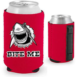 red magnetic can koozie with shark graphic and "bite me" text