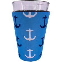 Load image into Gallery viewer, anchor pattern koozie with blue and anchor design 
