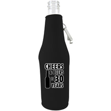 Load image into Gallery viewer, Black zipper beer bottle koozie with opener and funny cheers and beers to thirty years design
