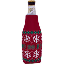 Load image into Gallery viewer, beer bottle koozie with christmas pattern and "ho ho ho" text design