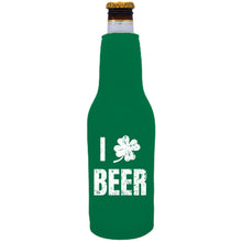 Load image into Gallery viewer, Green Beer Bottle Koozie with I Shamrock Beer Design in White