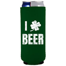 Load image into Gallery viewer, Green Slim Can Koozie with I Shamrock Beer Design in White