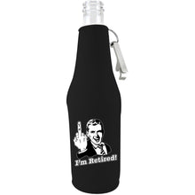Load image into Gallery viewer, black zipper beer bottle koozie with opener and funny i'm retired! design