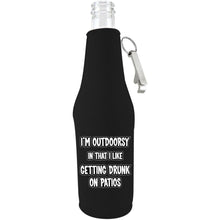 Load image into Gallery viewer, black beer bottle koozie with opener and im outdoorsy in that i like getting drunk on patios design