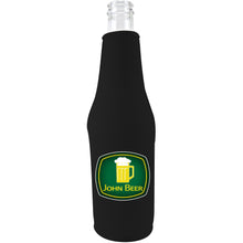 Load image into Gallery viewer, black beer bottle koozie with john beer funny design