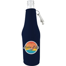 Load image into Gallery viewer, navy zipper beer bottle with opener and lake life design