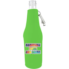 Load image into Gallery viewer, bright green zipper beer bottle with opener and funny namastay home and drink design