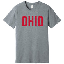 Load image into Gallery viewer, gray heather t shirt with OHIO distressed text in red
