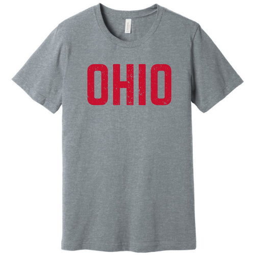 gray heather t shirt with OHIO distressed text in red