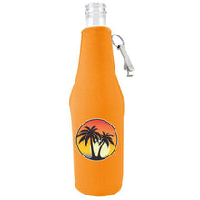 Load image into Gallery viewer, orange zipper beer bottle with opener and palm tree sunset design