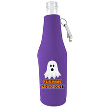 Load image into Gallery viewer, purple zipper beer bottle koozie with opener and show me your boos! design